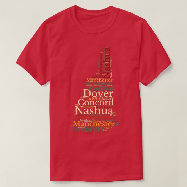 Camiseta Mapa y ciudades de Nuevo Hampshire (Diseño del anverso)