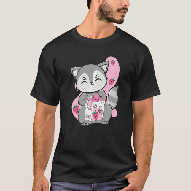 Camiseta Mapache bebe té de burbujas y boba con fresa (Anverso)