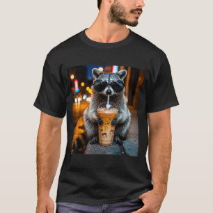 Camiseta Mapache divertido bebiendo café helado meme de ani