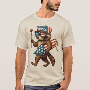 Camiseta Mapache Divertido Fuegos Artificiales Bandera Amer