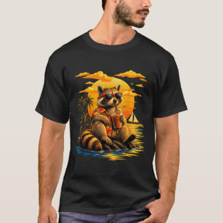 Camiseta Mapache divertido gafas de sol café puesta de sol 