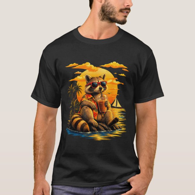Camiseta Mapache divertido gafas de sol café puesta de sol  (Anverso)