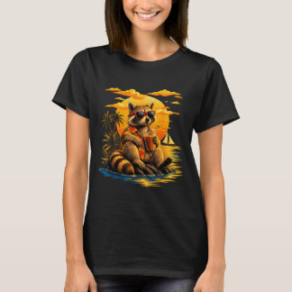 Camiseta Mapache divertido gafas de sol café puesta de sol 