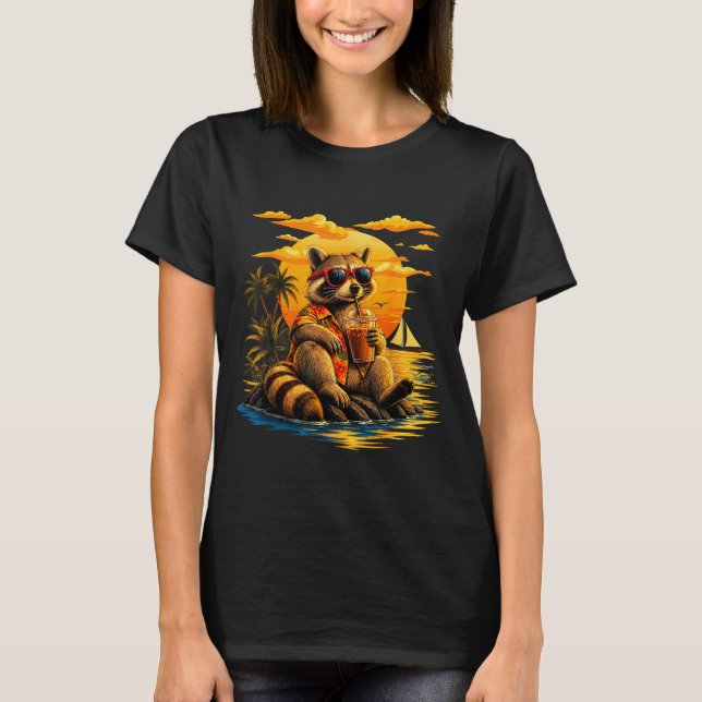 Camiseta Mapache divertido gafas de sol café puesta de sol  (Anverso)