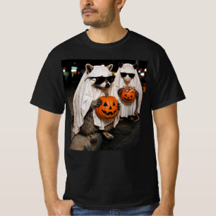 Camiseta Mapache Fantasma de Halloween Sosteniendo Calabaza
