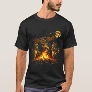 Camiseta Mapaches bailando fogata bosque luna divertido