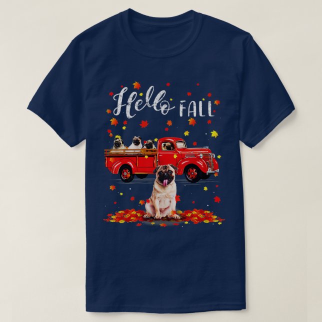 Camiseta Maple Pug Dog Lover Leaf Cae Camión Rojo Gif Otoño (Diseño del anverso)