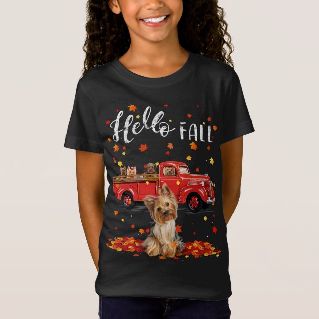 Camiseta Maple Yorkshire Terrier Dog Leaf otoño Red T (Anverso)