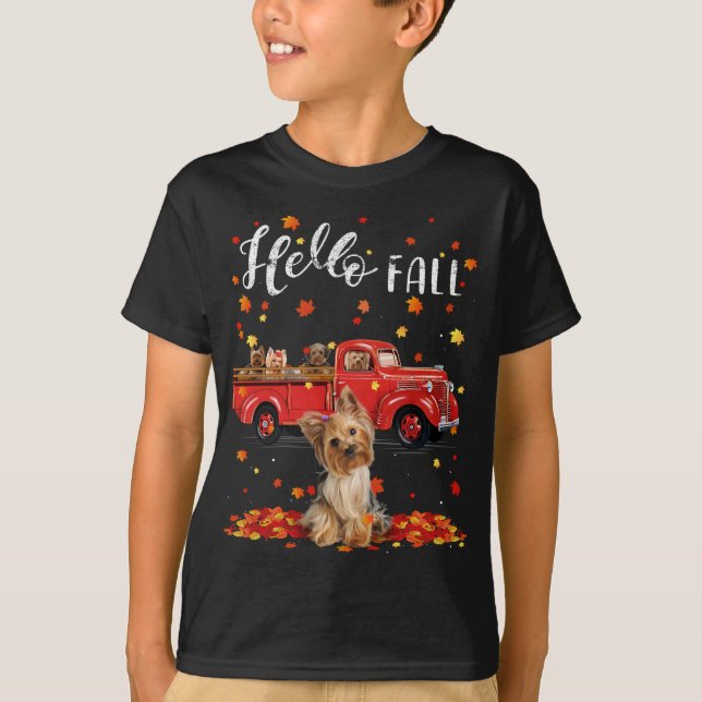 Camiseta Maple Yorkshire Terrier Dog Leaf otoño Red T (Anverso)