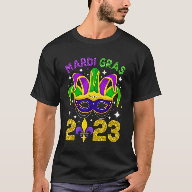 Camiseta Mardi Gras 2023 Mask Beads Hombres Chicas (Anverso)