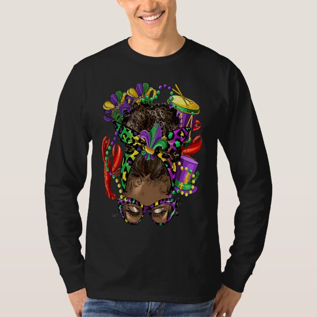 Camiseta Mardi Gras Afro Messy Bun Fat Tuesday New Orleans  (Anverso)