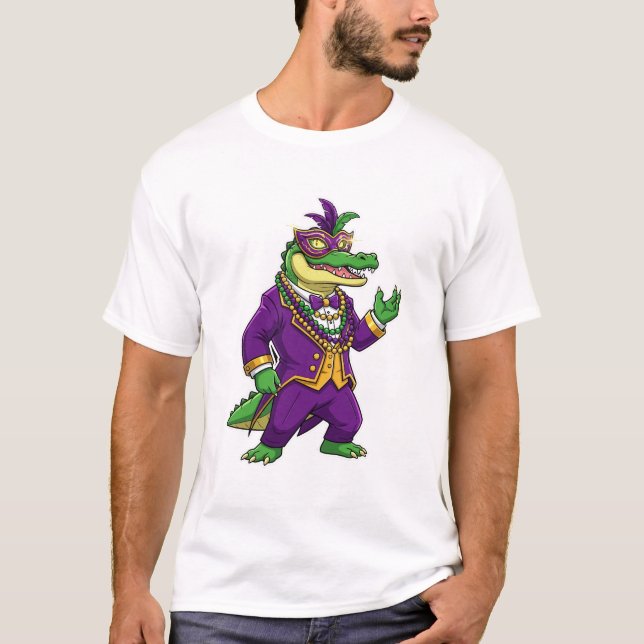 Camiseta Mardi Gras Alligator King in Purple Suit and Mask  (Anverso)