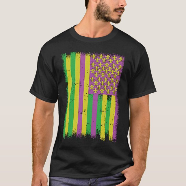 Camiseta Mardi Gras Bandera Americana Verde Amarillo Púrpur (Anverso)