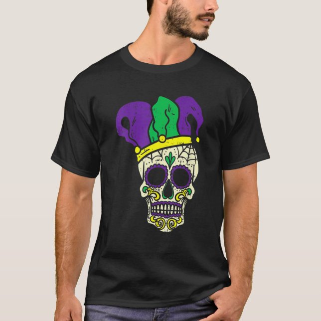 Camiseta Mardi Gras Cute Skull Jester Hat Masked Beads Fest (Anverso)