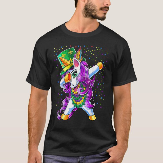 Camiseta Mardi Gras Dabbing Unicorn Jester Hat Bead Costume (Anverso)