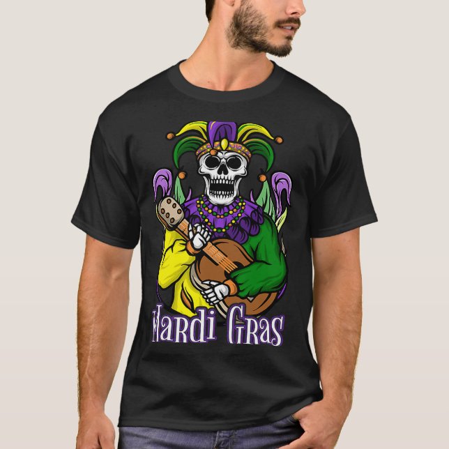 Camiseta Mardi Gras esqueleto vestuario de guitarra 2023 mu (Anverso)