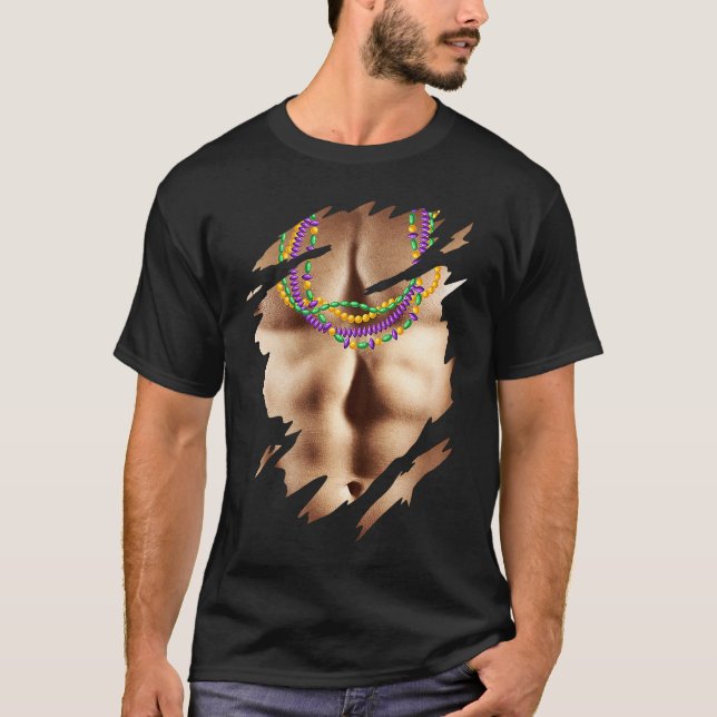 Camiseta Mardi Gras Fat Tuesday Man Bare Chest con cuentas (Anverso)