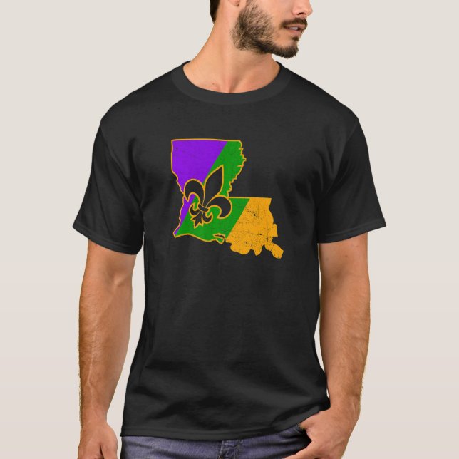 Camiseta Mardi Gras Fleur De Lis Louisiana Mapa Nueva Orlea (Anverso)