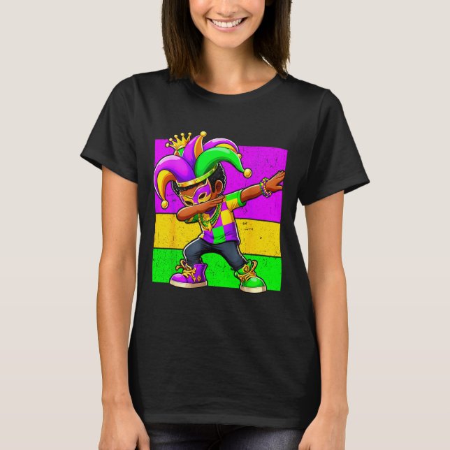 Camiseta Mardi Gras Funny Dabbing Black Boy Jester Hat Kid  (Anverso)