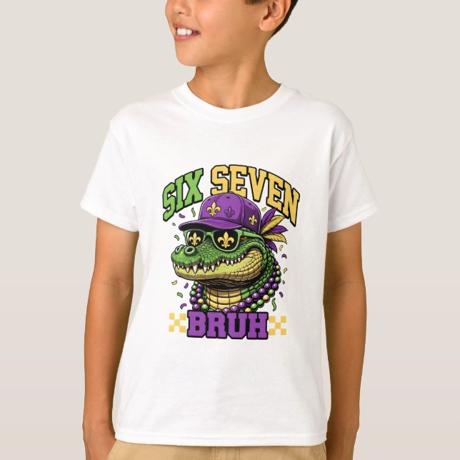 Camiseta Mardi Gras Gator Six Seven Bruh Kids Carnival (Anverso)