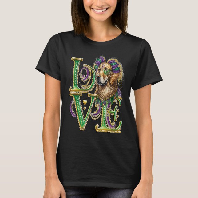 Camiseta Mardi Gras Golden Retriever Word LOVE Masquerade (Anverso)