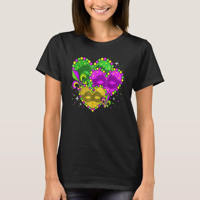 Camiseta Mardi Gras Heart Fleur De Lys Jester Hat Carnival  (Anverso)