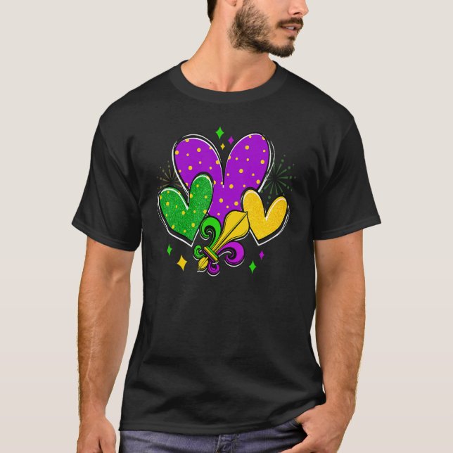 Camiseta Mardi Gras Hearts Love Mardi Gras Fleur De Lys Fes (Anverso)