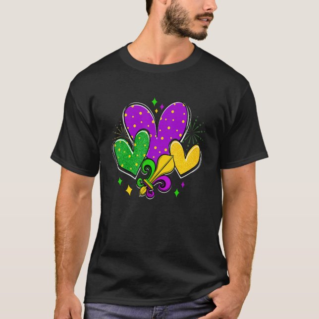 Camiseta Mardi Gras Hearts Love Mardi Gras Fleur De Lys Fes (Anverso)