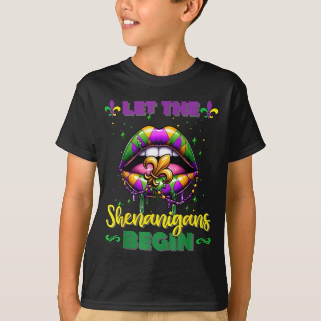 Camiseta Mardi Gras Let The Shenanigans Begin Lips Kids Men (Anverso)