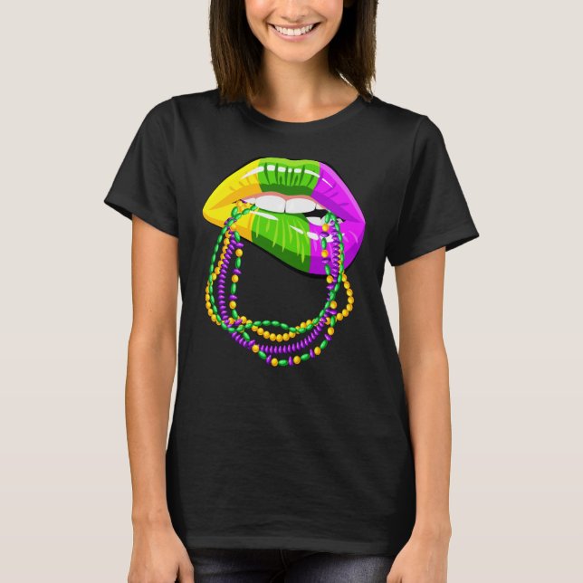 Camiseta Mardi Gras Lips Queen Beads equipo para mujeres Ca (Anverso)