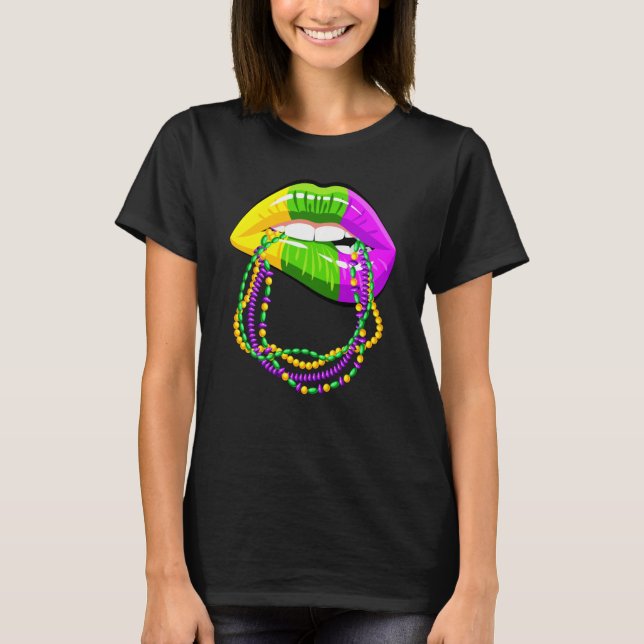 Camiseta Mardi Gras Lips Queen Beads outfit for women Carni (Anverso)