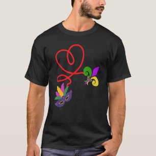 Camiseta Mardi Gras Love Heart Mask y Fleur De Lis 1