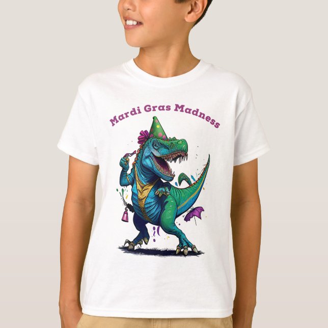 Camiseta Mardi Gras Madness T Rex Dinosaur Bead Mardi Grawr (Anverso)