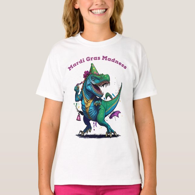Camiseta Mardi Gras Madness T Rex Dinosaur Bead Mardi Grawr (Anverso)