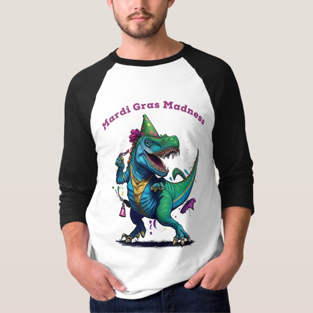 Camiseta Mardi Gras Madness T Rex Dinosaur Bead Mardi Grawr (Anverso)