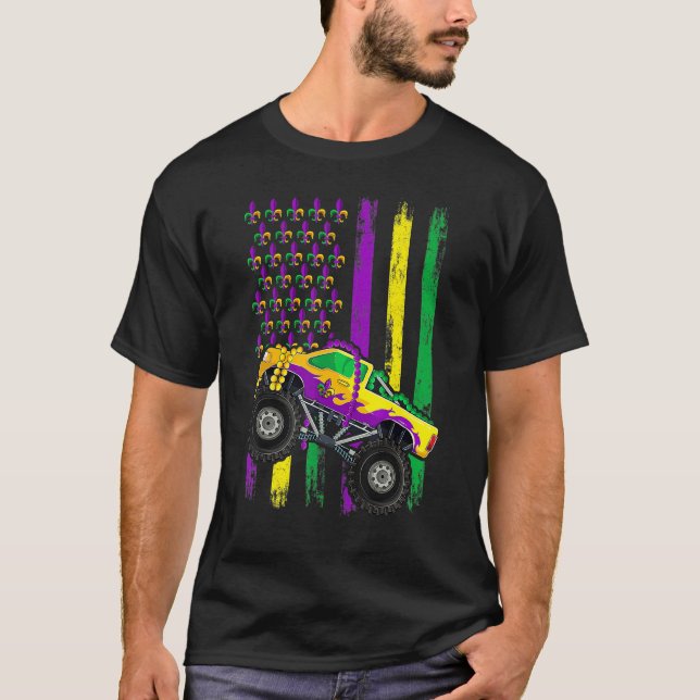 Camiseta Mardi Gras Monster Truck Beads Flag Shirt, Kids Bo (Anverso)