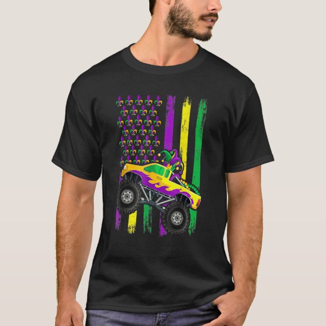 Camiseta Mardi Gras Monster Truck Jester Beads Flag Shirt,  (Anverso)