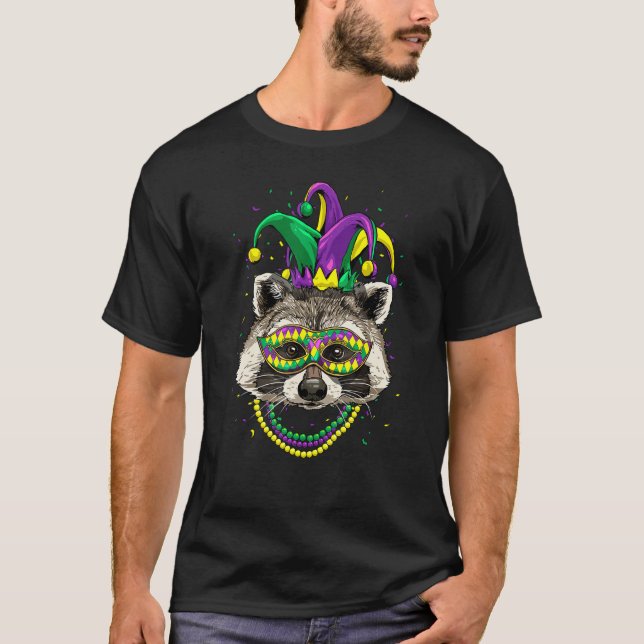 Camiseta Mardi Gras Party Carnival Jester Raccoon Trash Pan (Anverso)
