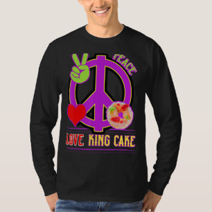 Camiseta Mardi Gras Peace Love King Cake Colorous Mardi Gra