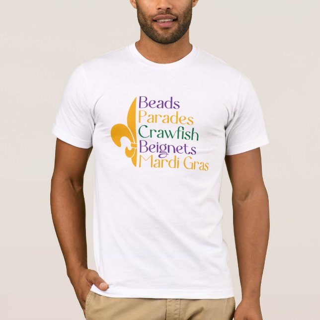 Camiseta Mardi Gras perlas desfiles de gambas beignes (Anverso)