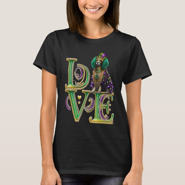 Camiseta Mardi Gras Poodle Word LOVE Masquerade (Anverso)