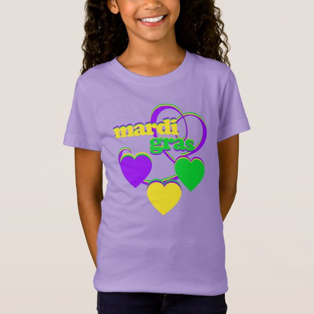 Camiseta Mardi Gras Purple Yellow Green Heart Cute Carnaval (Anverso)