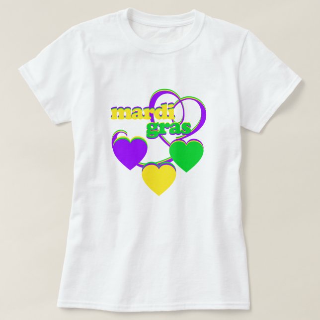 Camiseta Mardi Gras Purple Yellow Green Heart Cute Carnaval (Diseño del anverso)
