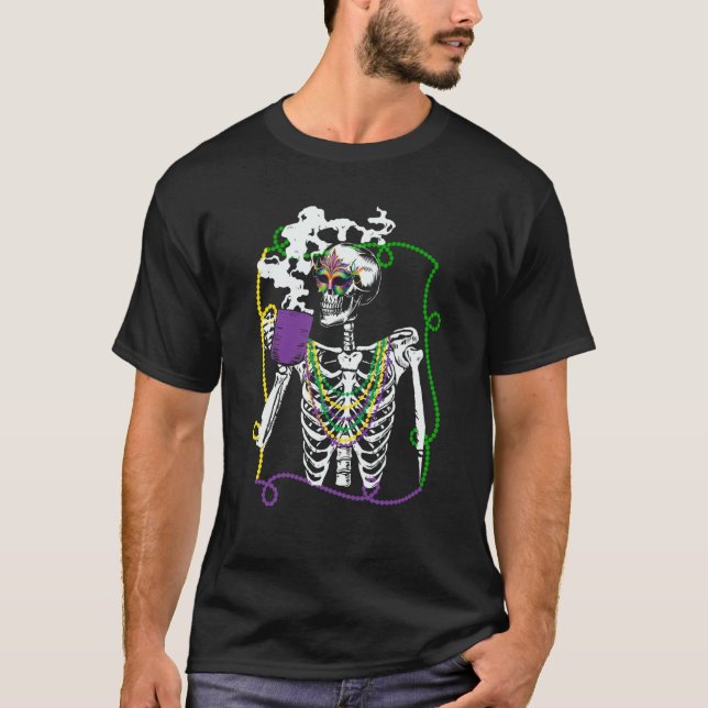 Camiseta Mardi Gras Skeleton Drinking Coffee Mask Beads Fat (Anverso)