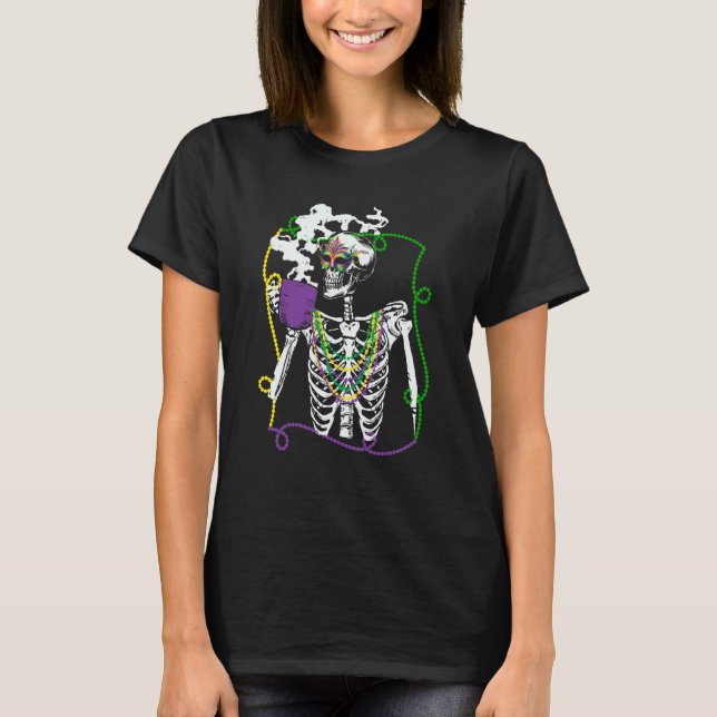 Camiseta Mardi Gras Skeleton Drinking Coffee Mask Beads Fat (Anverso)