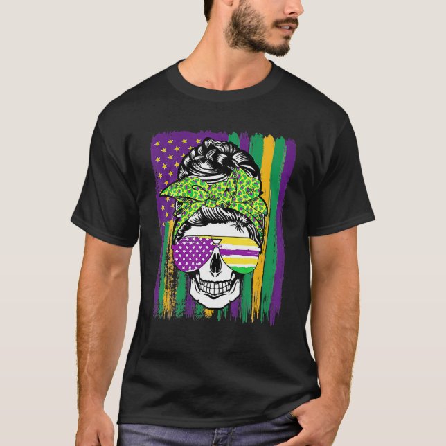 Camiseta Mardi Gras Skull Bandera Americana Festividad dive (Anverso)