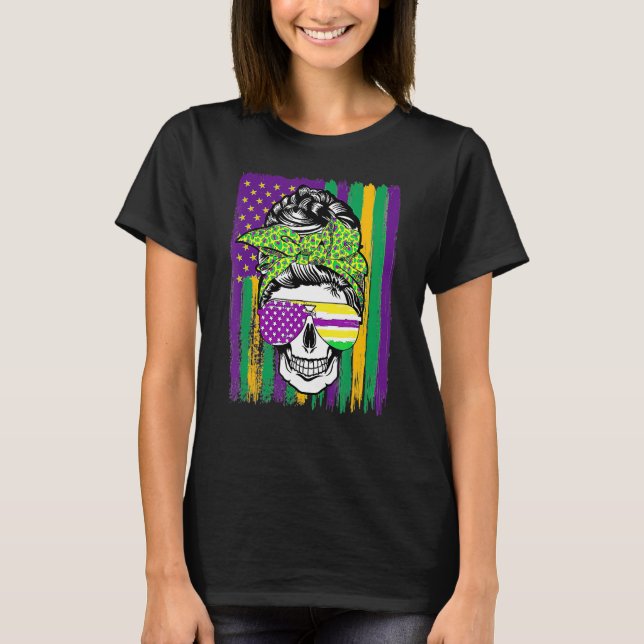Camiseta Mardi Gras Skull Bandera Estadounidense Funny Holi (Anverso)