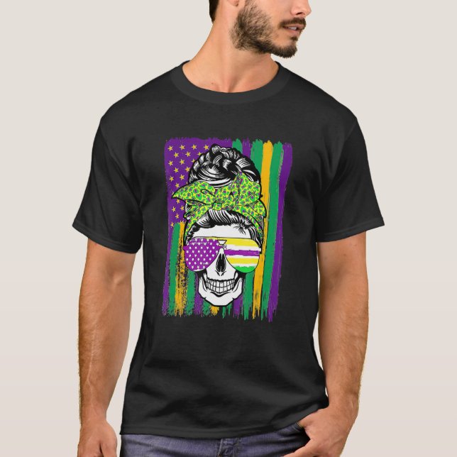 Camiseta Mardi Gras Skull Bandera Estadounidense Funny Holi (Anverso)
