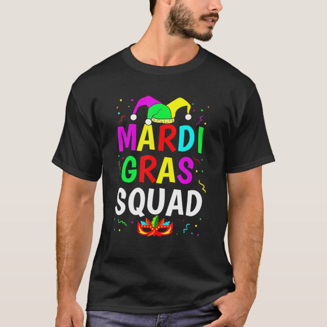 Camiseta Mardi Gras Squad Men Women Funny Mask Festival Par (Anverso)