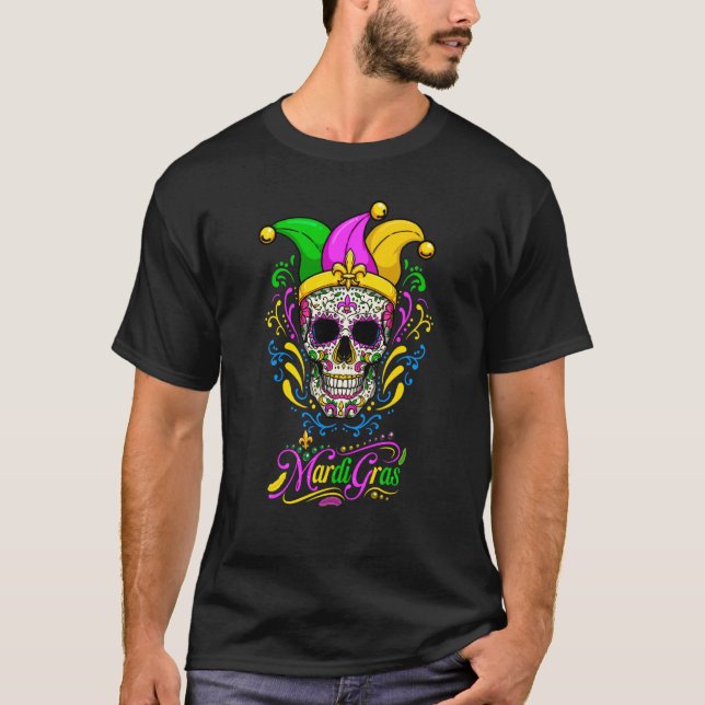 Camiseta Mardi Gras Sugar Skull Fleur De Lis Jesters Hat Pa (Anverso)